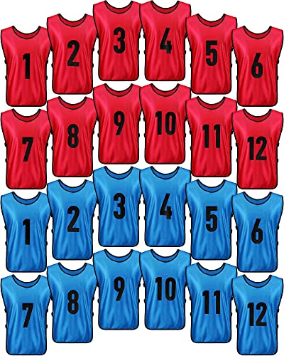 24 Pcs Sports Pinnies Soccer Scrimmage Practice Vests Numbered Soccer Team Pennies with Belt for Adult